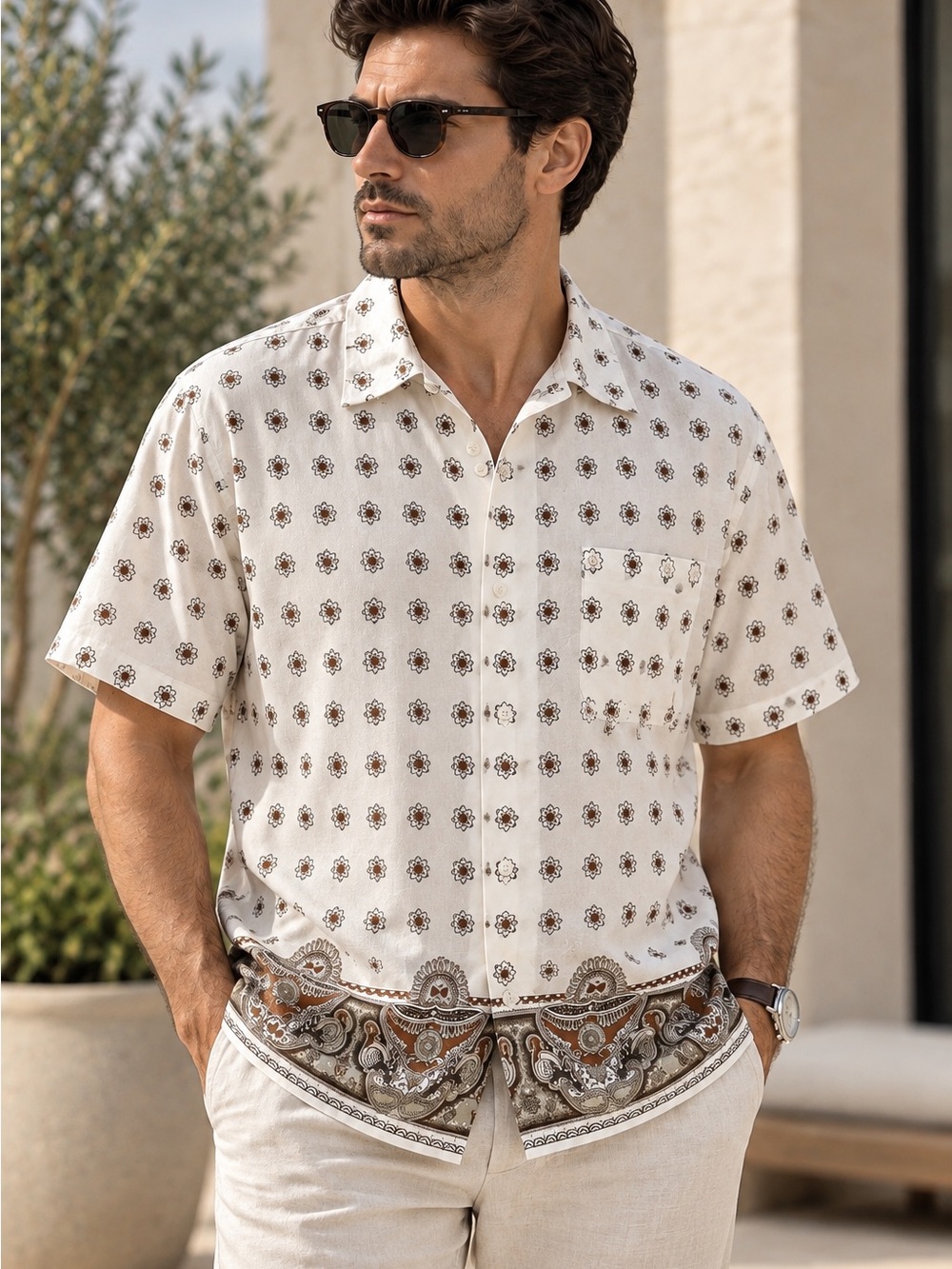 Tasso Elba Silk Cream Short-Sleeve Printed Button-Down Shirt with Paisley Hem